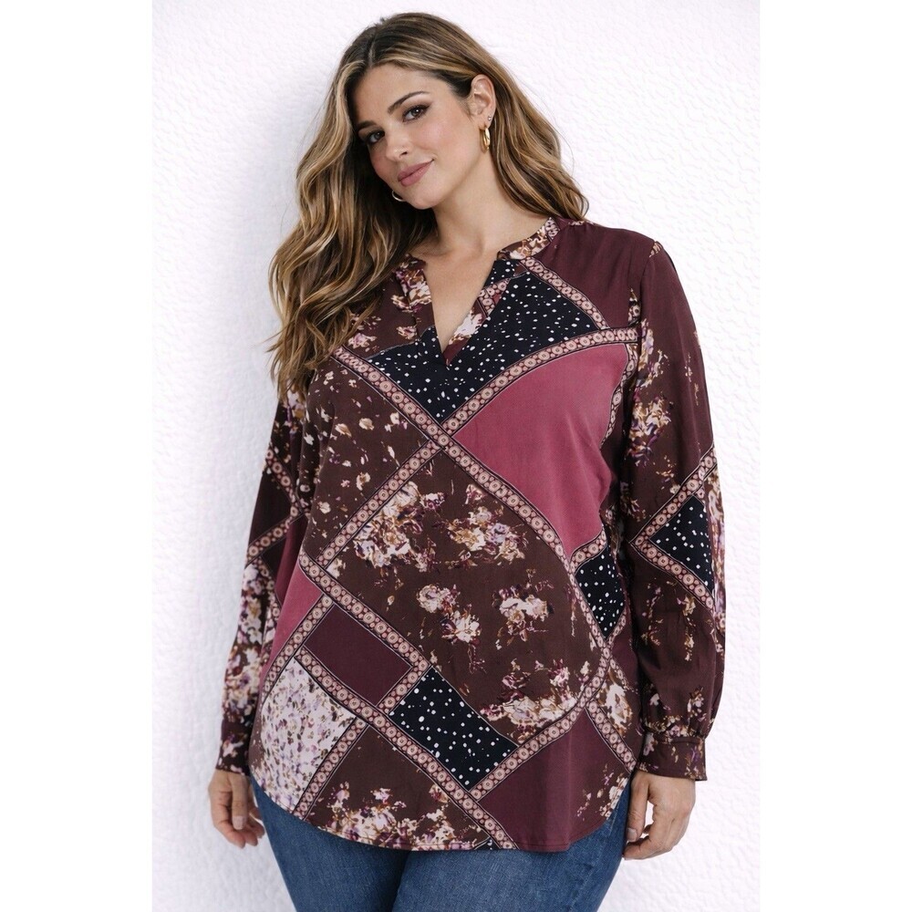 Maurices Women’s Blouse‎ Top XL Patchwork Floral Polka Dot Long Sleeve V-Neck